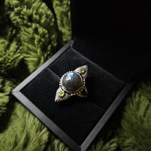 Large Labradorite and Green Peridot Gemstone Ring